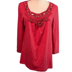 Charter Club Top Coral Embroided Beads Long Sleeve Peasant Art Cottage SZ Med